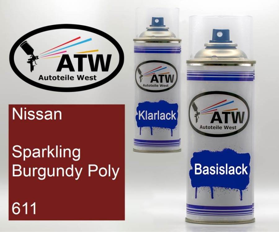 Nissan, Sparkling Burgundy Poly, 611: 400ml Sprühdose + 400ml Klarlack - Set, von ATW Autoteile West.